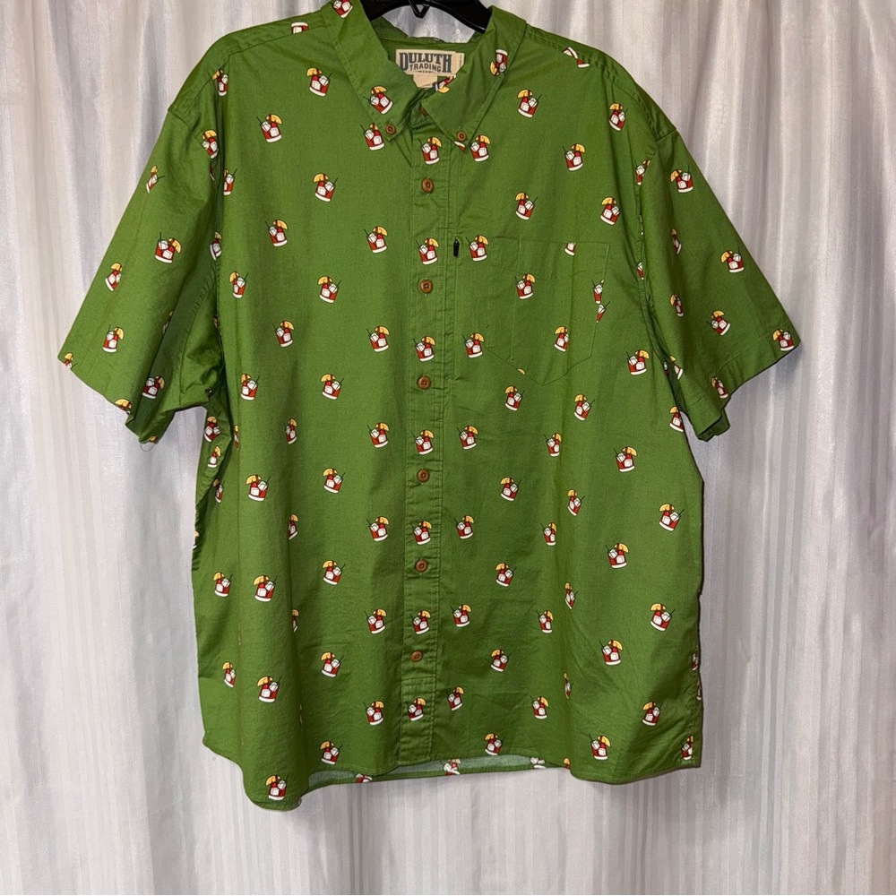 Duluth Untucked 97% Cotton Green Cocktail pattern Casual Button Down Shirt 2XL